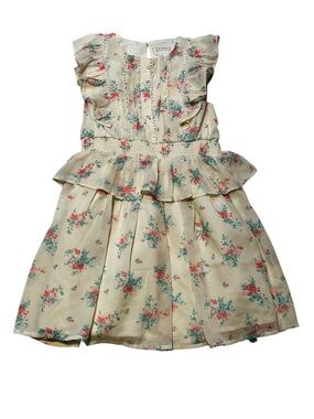 Girls Floral‎ Ruffle Dress - Cream with Coral & Teal Prints